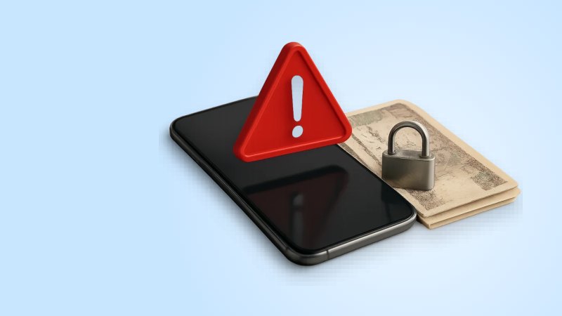 Смартфон с предупреждающим знаком и замок, защита от мошенников в Египте