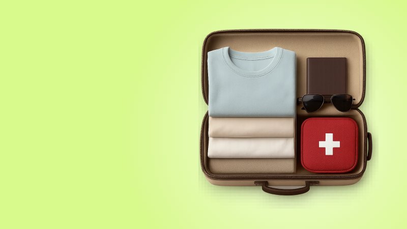 Открытый чемодан с летней одеждой, паспортом и аптечкой, переезд в Египет