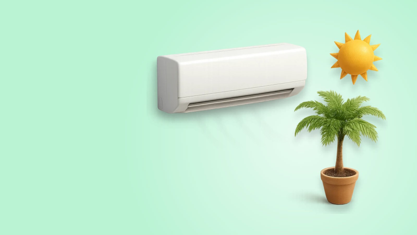 A white wall-mounted air conditioner, the sun and a palm tree, weather in Cairo and Hurghada
