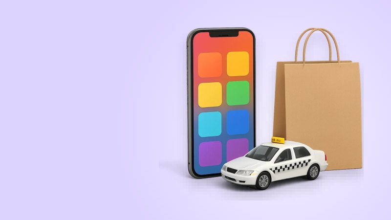 Смартфон с иконками приложений, игрушечное такси и пакет доставки, жизнь в Египте