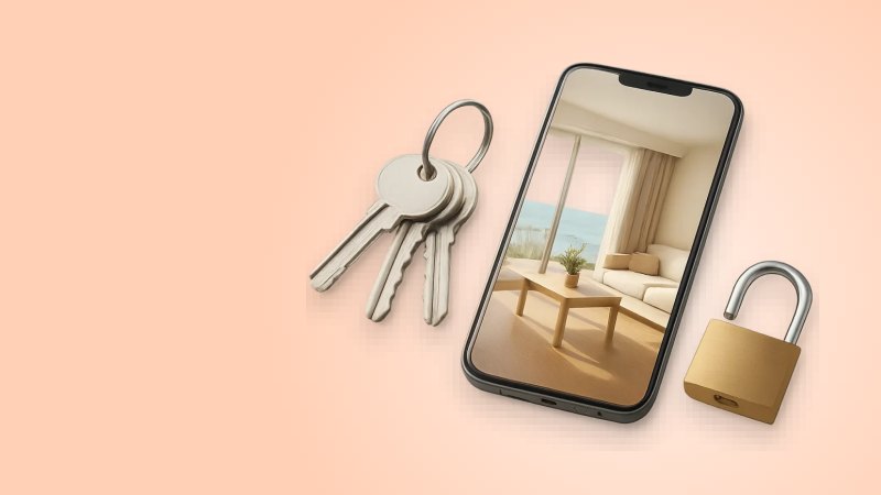 Ключи от квартиры, смартфон с объявлением и чемодан, посуточная аренда в Египте