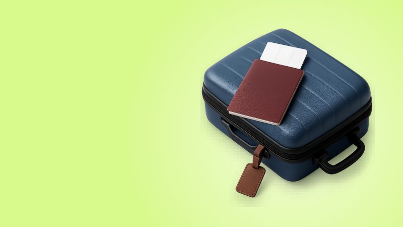 Паспорт с египетской визой, посадочный талон и чемодан у стойки паспортного контроля