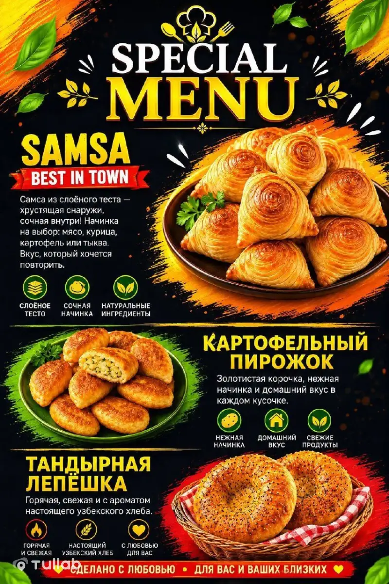 Samsa, shawarma, Uzbek cuisine to order