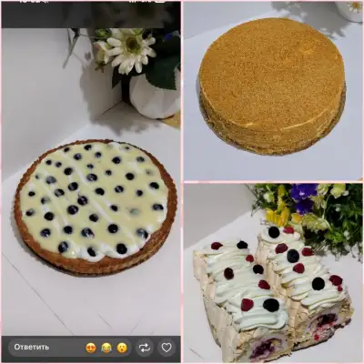 Медовик, меренговый рулет и тарт с голубикой